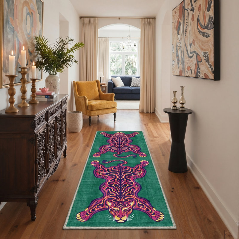 Stylized Tiger Collection Abstract Machine Washable Green / Pink / Blue Indoor Area Rug with Non-Slip Backing