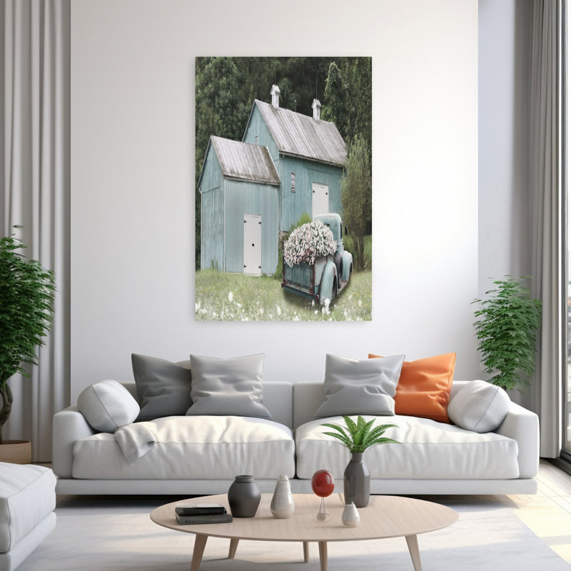Grange bleue patinée, paysage contemporain abstrait, art floral, H 40 po x l 60 po