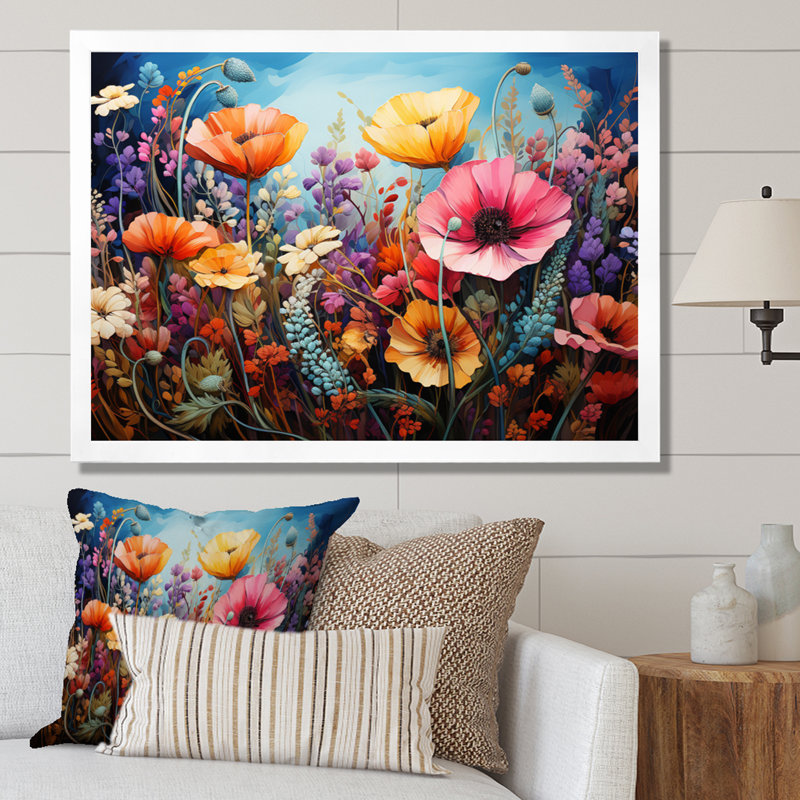 «Wildflowers Natures Bouquet Pointillism Dot I», reproduction sur toile, H 24 po x l 32 po x P 1 po, Cadre simple blanc