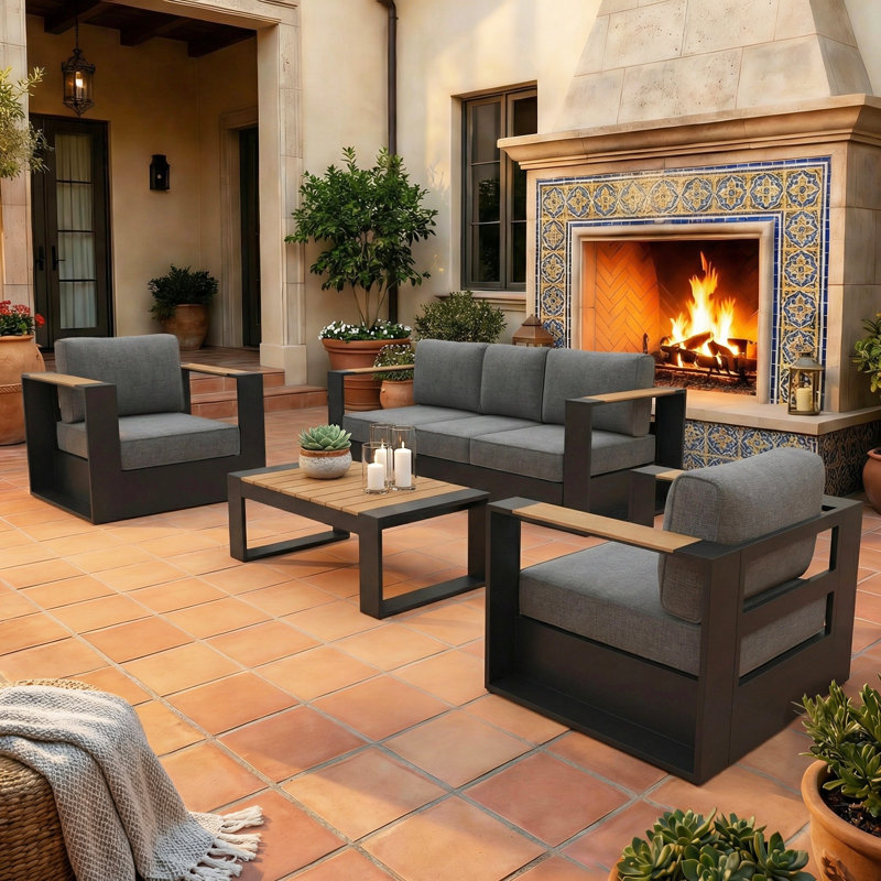  Outdoor Oversized Aluminum Conversation Set With Firepit Table And 6-inch Cushion, 4 Pcs: 2 Chairs, Sofa, Coffee Table