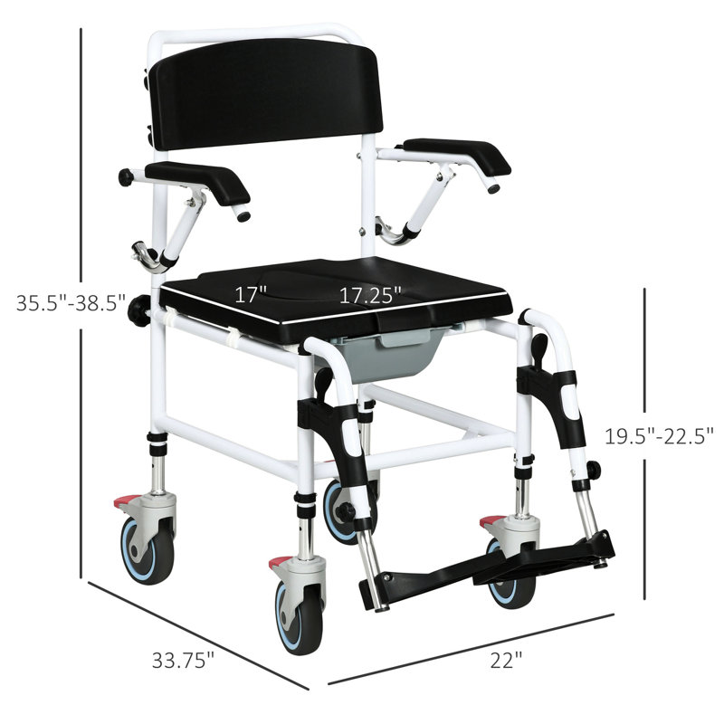 Fauteuil de douche, siège de 17 po de largeur, noir, imperméable, seau amovible pour fauteuil roulant accessible aux personnes âgées avec roulettes amortissantes, pour personnes à mobilité réduite
