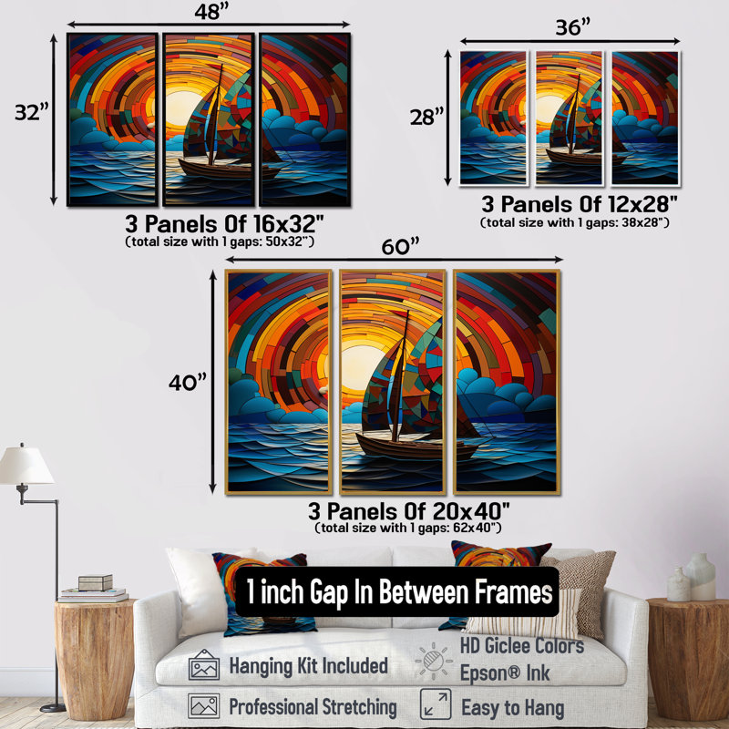 «Colorful Sunrise», bateau à voile sur l'océan I - ensemble de décoration murale bateau à voile, H 40 po x l 20 po x P 1 po