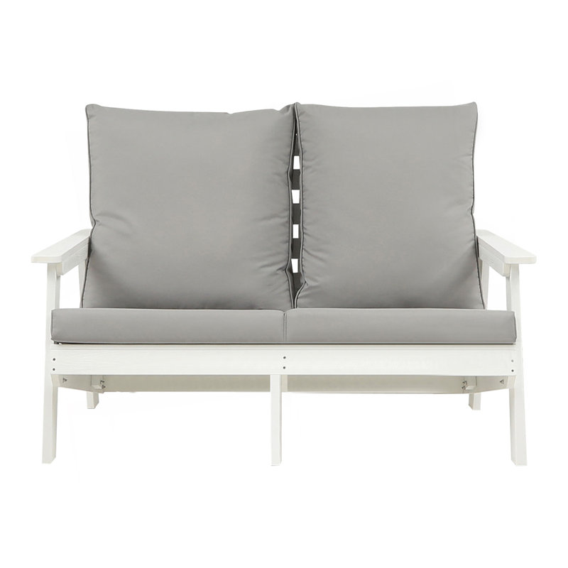 Causeuse avec coussin, canapé de jardin extérieur grain de bois, blanc / gris