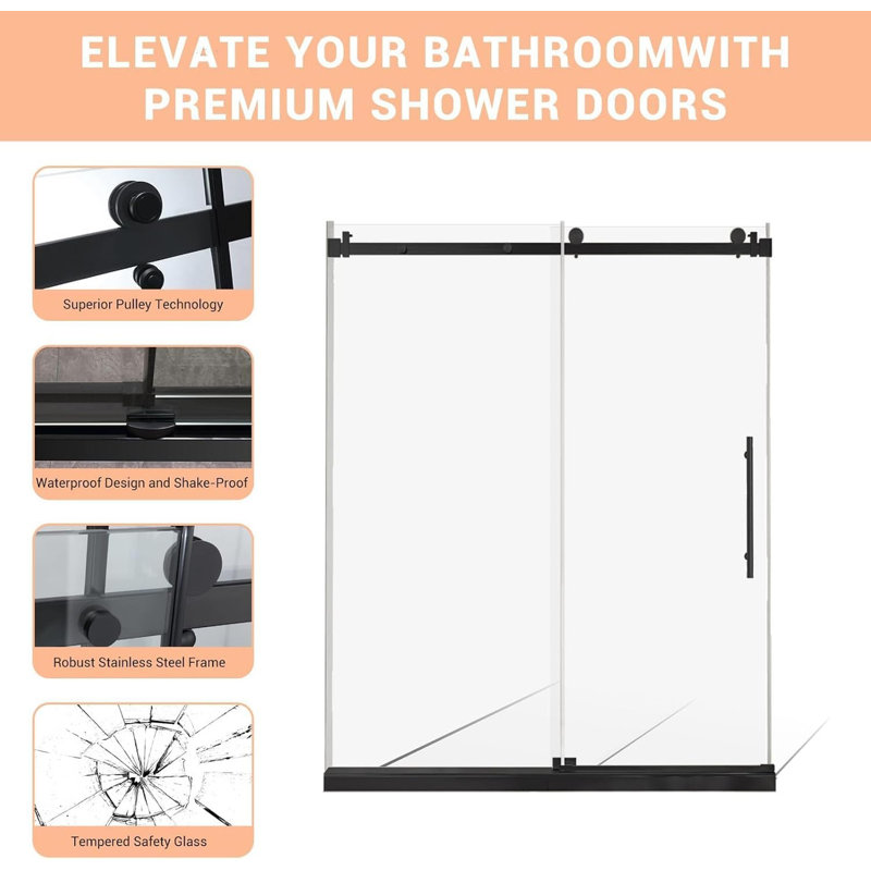 60x72/76in Sliding Bathroom Door, Frameless Glass Shower Door with Waterproof Seal & 8/10mm Glass