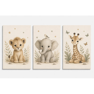 Large Set of 3 Baby Safari Animal Wall Art Lion Elephant Giraffe Canvas Prints Neutral Nursery Decor Kids Bedroom 16x24 Inch Canvas Print - Ready to hang