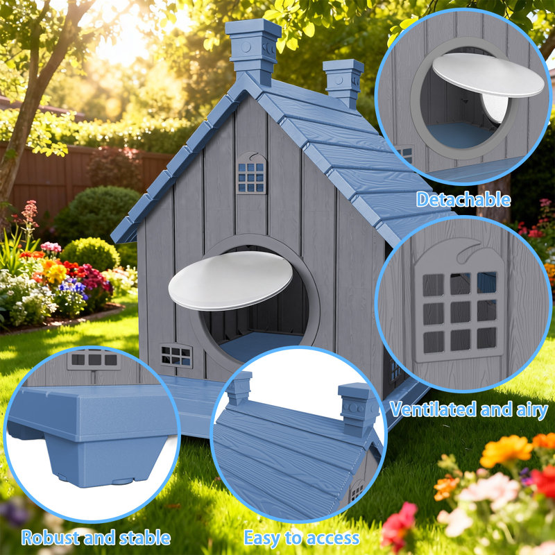 Maison pour chat en résine avec porte de secours 25,65 "h, Bleu/Gris, H 25,65 po x L 20,74 po x l 25,54 po