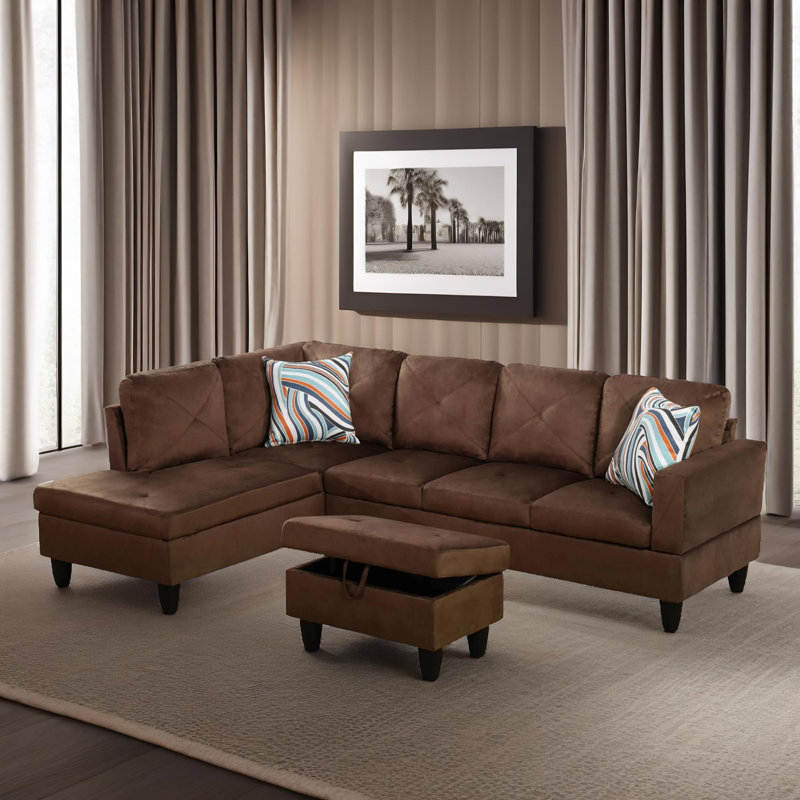 103" Verona Brown Flannel 3-Piece Left Facing Sectional Sofa Set With Chaise And Storage Ottoman, Left Hand Facing