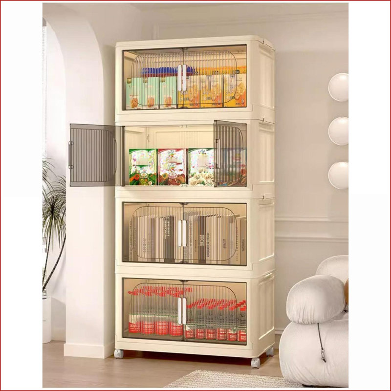 Cabinets 4-Tier Folding Storage Cabinet with Magnetic Door &amp; Wheels, 19.69×11.81×40.55 Inches | Off-White | Contemporary