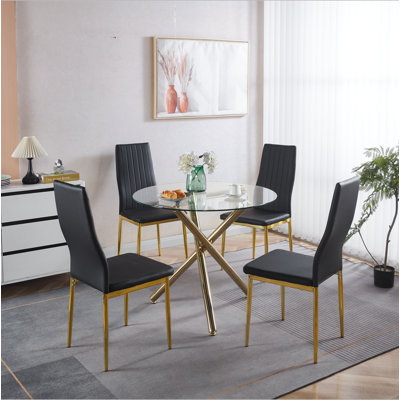 Ensemble de salle à manger 1 + 4,5 pièces, table de salle à manger à pieds en métal pour 4 personnes avec plateau en verre, table de salle à manger à piédestal, table basse de loisirs
