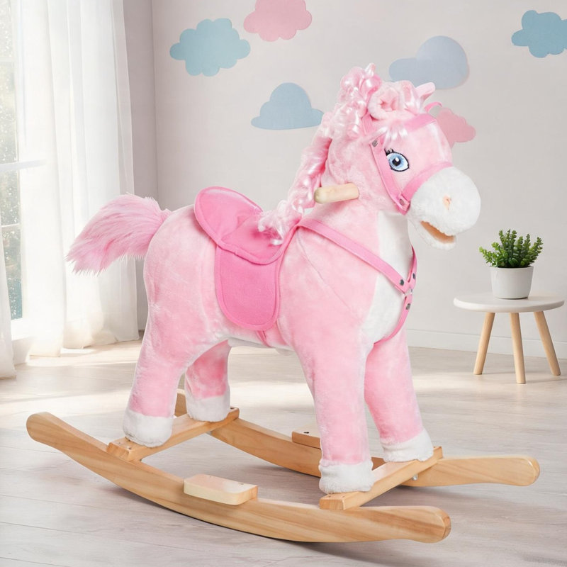 Chevaux et animaux à bascule rose en peluche et en bois, 11,5 x 5,3 x 9,9 po, avec cadre en métal