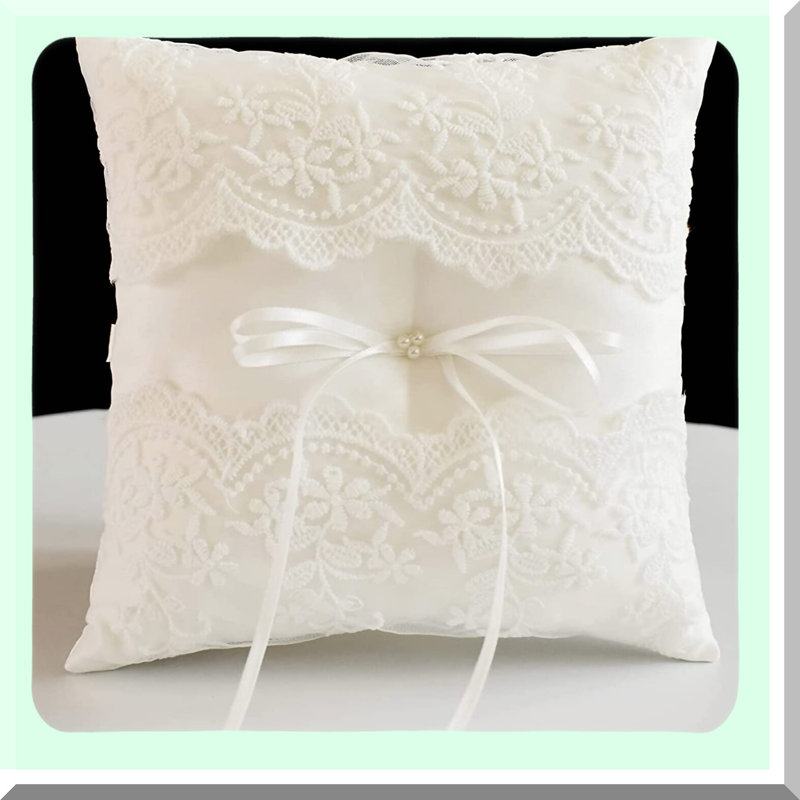 Elegant Ivory Wedding Ring Pillow with Ribbon and Rhinestones