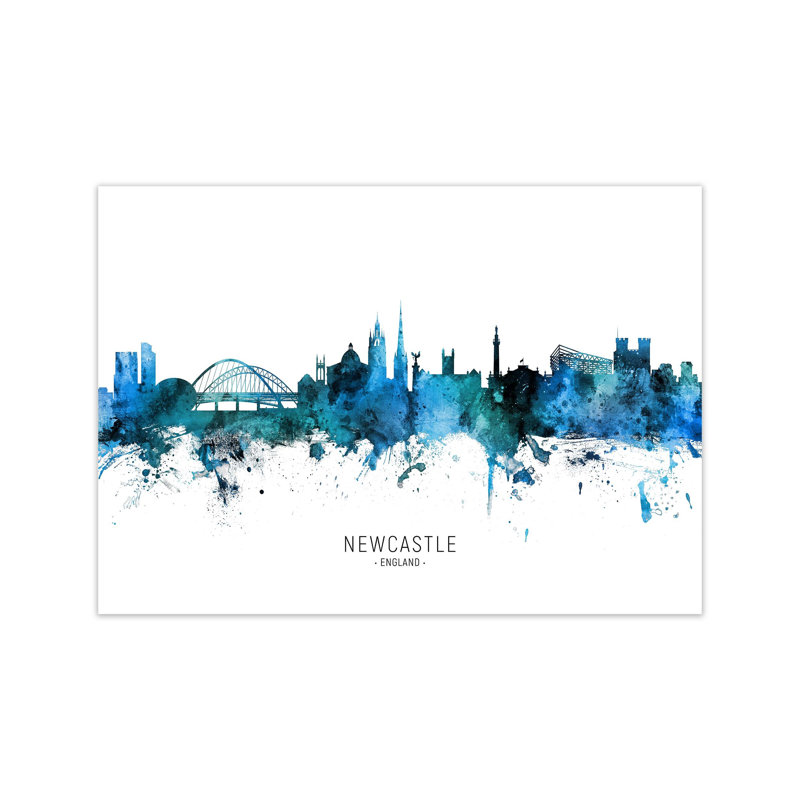 Newcastle England Skyline Blue City Name by Michael Tompsett - Print, Unframed, 60cm H x 84cm W x 1cm D