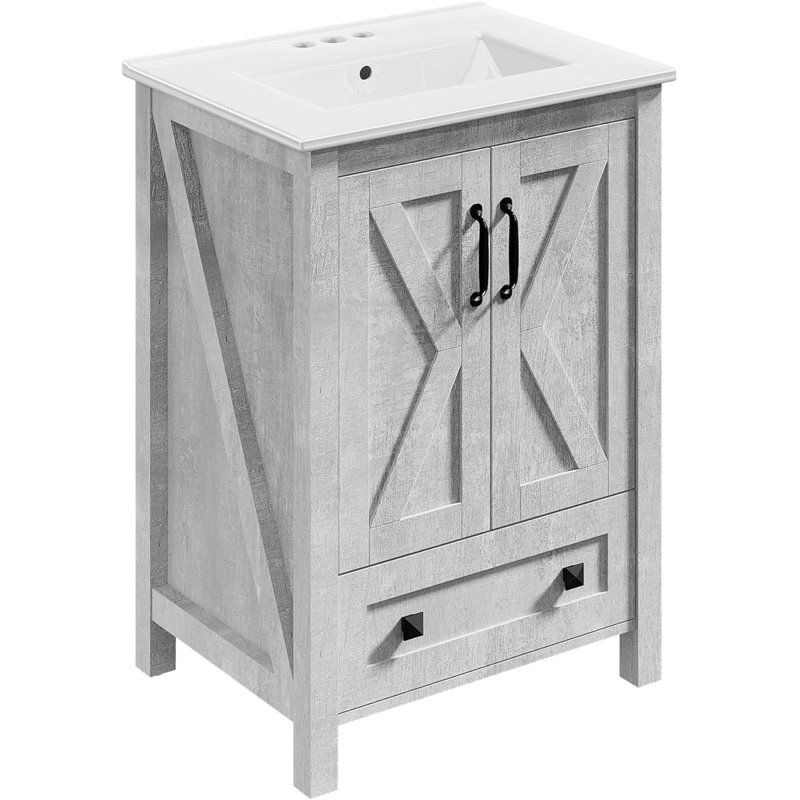24" Bathroom Vanity with Ceramic Sink, Modern Freestanding Vanity Cabinet with 2 Doors & Drawer, Wood Storage for Small Bathroom, Grey