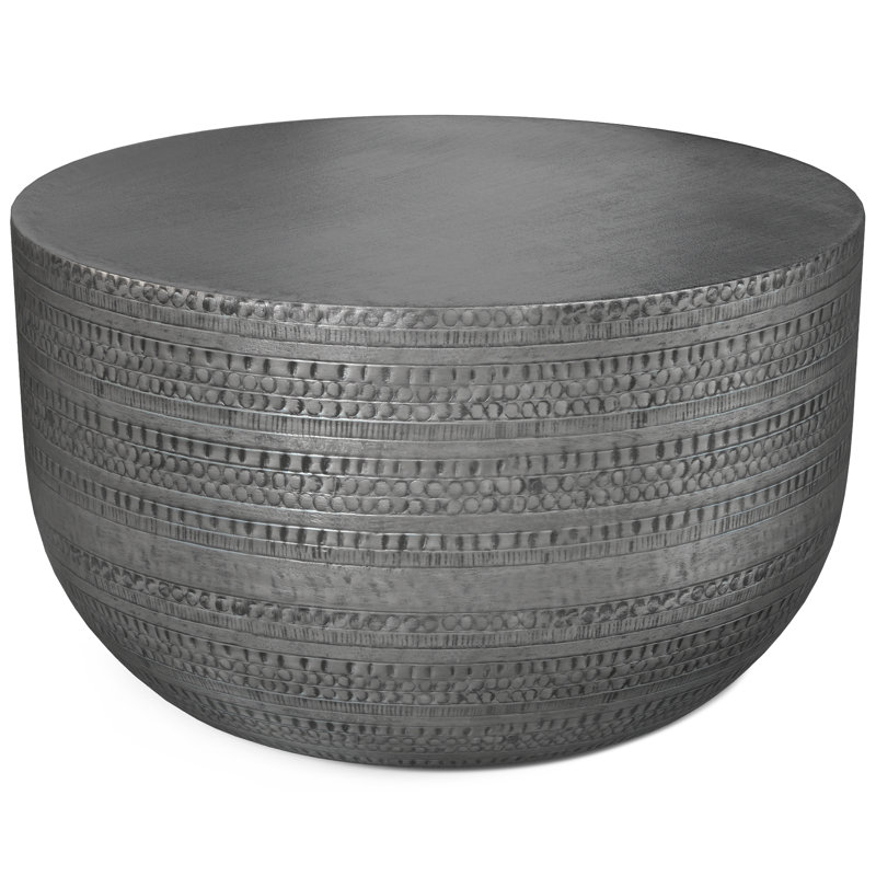 Johnsen 30"W Metal Boho Modern Round Coffee Table with Textured Detail, Assembled, Antique Silver