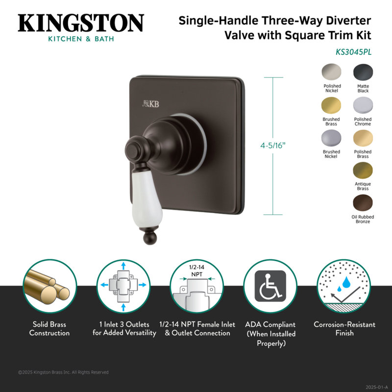Kingston Brass Single-Handle Wall Mount Three-Way Diverter Valve with Trim Kit, Matte Black