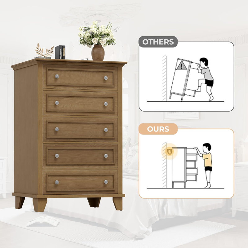 Commode pour chambre à coucher, commode haute 48 po avec 5 tiroirs, commode avec rangement