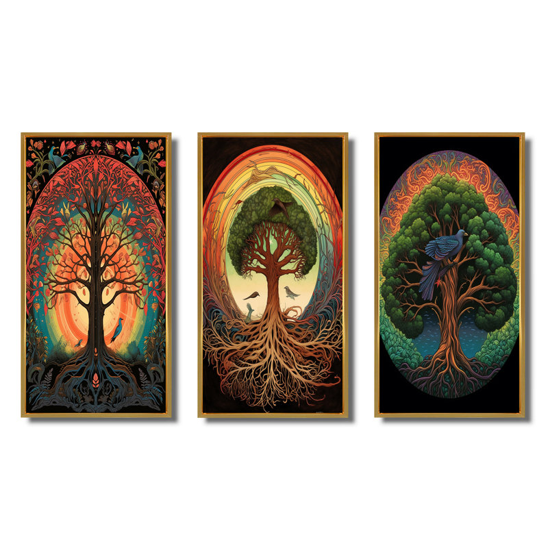 «Tree Of Life Retro Illustration», 3 pièces sur toile, Encadrement doré, H 36 po x l 28 po