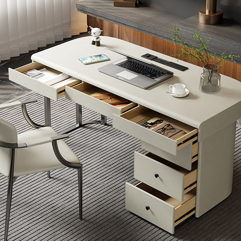  Bureau en cuir beige avec pieds en acier inoxydable, H 29,53 po x l 78,74 po x P 27,56 po, Beige/Argenté