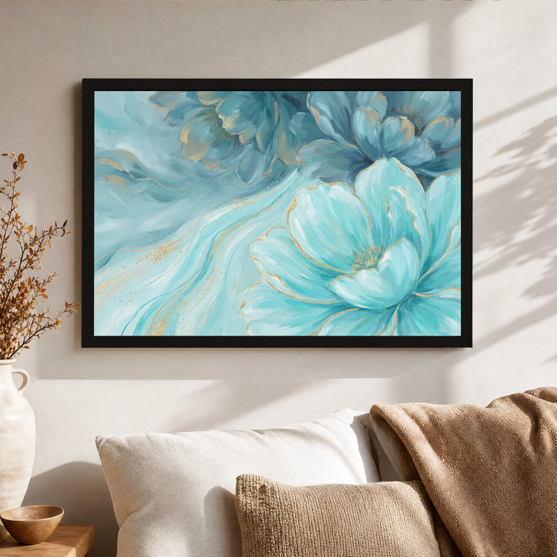 Tableau floral turquoise abstrait avec des accents dorés, 12"H x 18"W