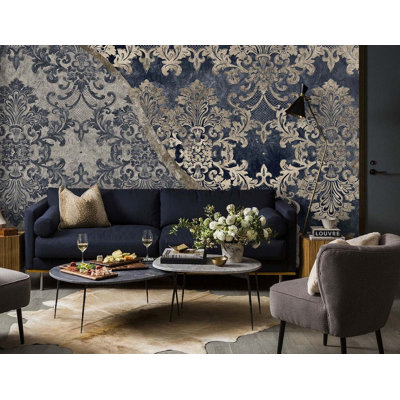 Murale damassé bleu marine | Papier peint délavé à motif baroque doré | Non-tissé ou pelez et collez