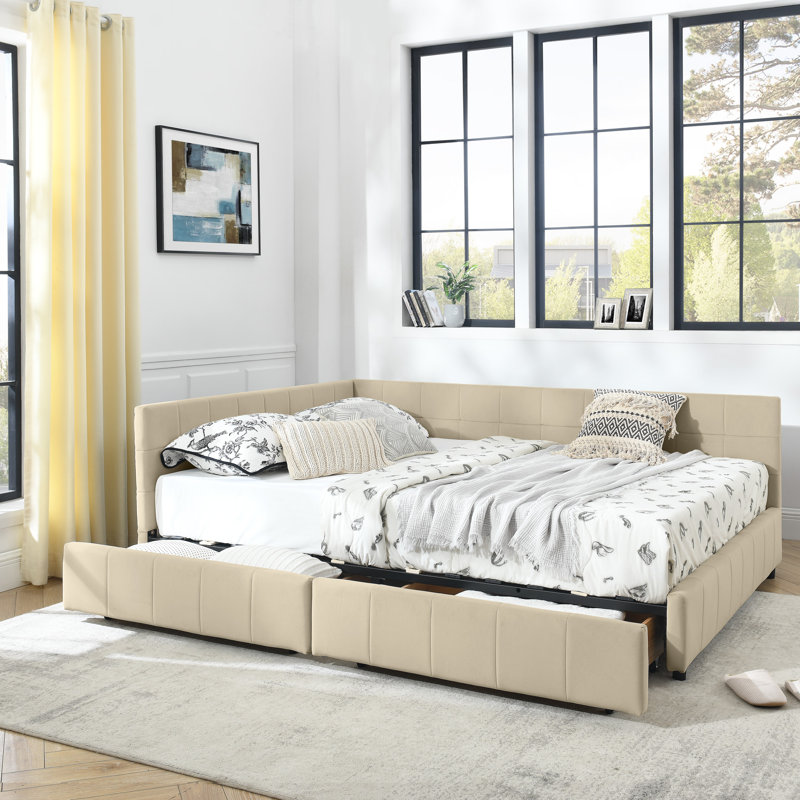  Structure de canapé-lit grand avec rangement et dossier avec accoudoirs, lit plateforme en velours, beige, Beige