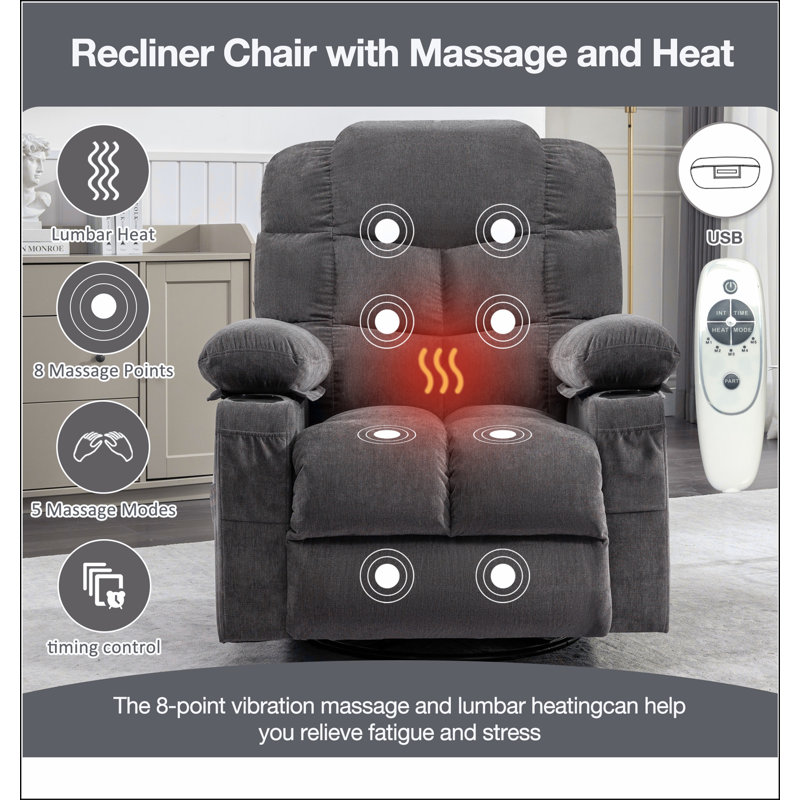 Massage Rocker Recliner Chair Rocking Chairs for Adults Oversized with 2 Cup Holders, USB Charge Port Soft Features a Manual Massage and Heat