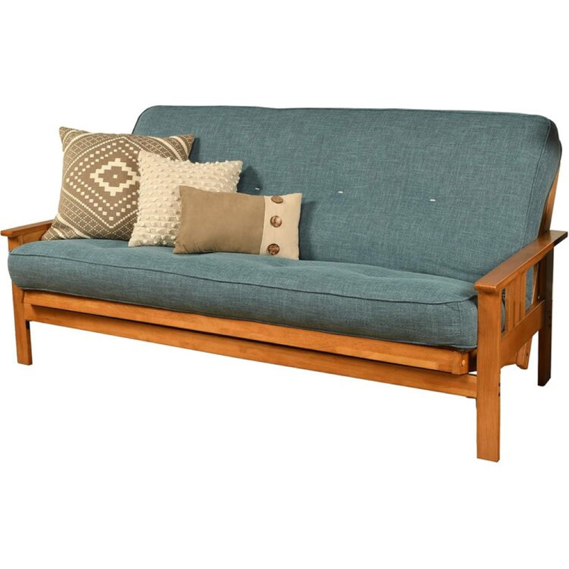 Monterey Frame-Butternut Finish-Suede Peat Mattress - Futon Frame Set with Mattress, Foldable Futon Frame with Sturdy Wood Build, Living Room Futon Frame with Mattress, Versatile Design