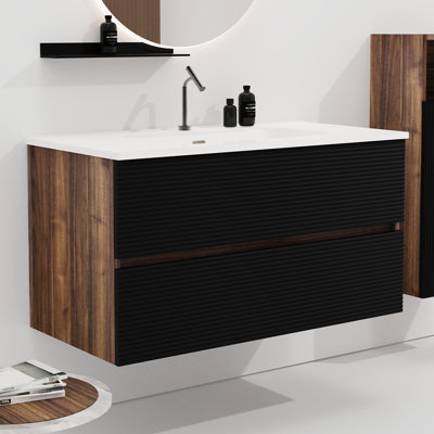 Meuble-lavabo mural de 36 po en noir doux et noyer, lavabo intégré, grand rangement, flottant, agencement de couleurs Kd, tiroirs fermés, poignée élégante, meuble-lavabo moderne avec rangement en noyer,