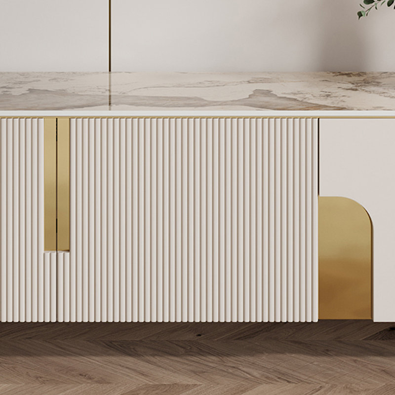 Meuble télé 79 po avec 4 rangements, centre de divertissement conçu pour les téléviseurs de 85 po, base en métal doré robuste, doré et blanc