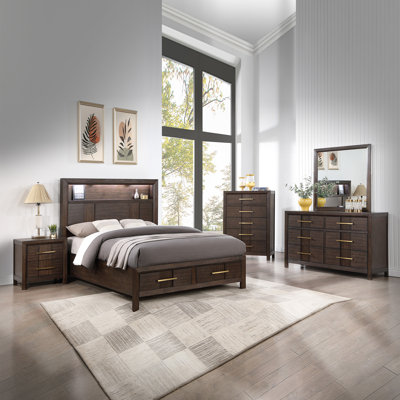 Modern Queen Bedroom Set - 5 Pieces With LED Lighting, Bluetooth Speakers, & Storage Solutions - Walnut