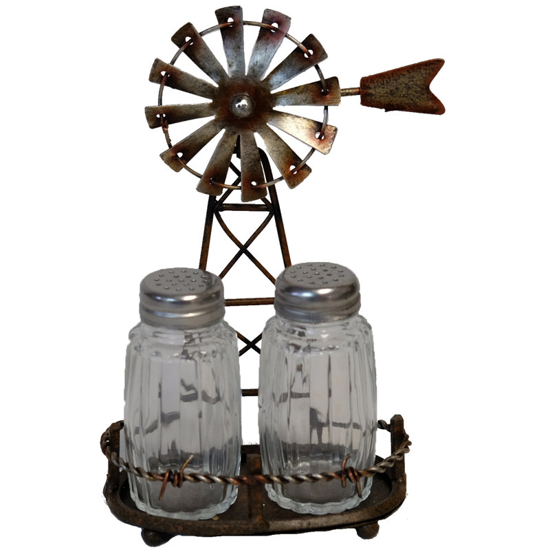 Rustic Country Farmhouse Distressed Brown Metal Spinning Windmill Salt and Pepper Shaker Holder Set