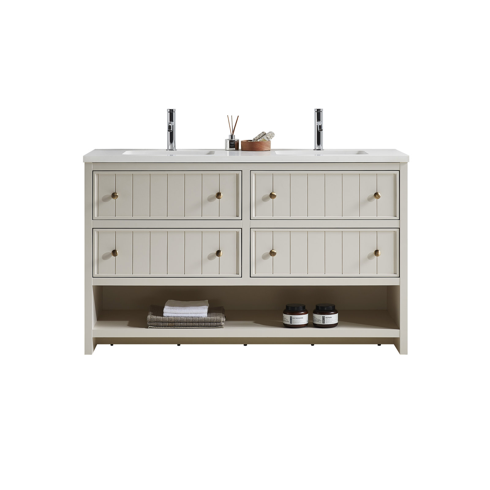 Rennes 60" Vintage Plywood Bathroom Vanity With Engineered Quartz Top, White
