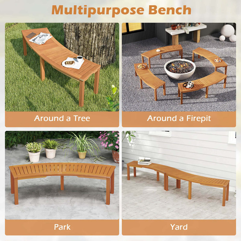 4-Piece Outdoor Curved Acacia Wood Bench Set for Yard