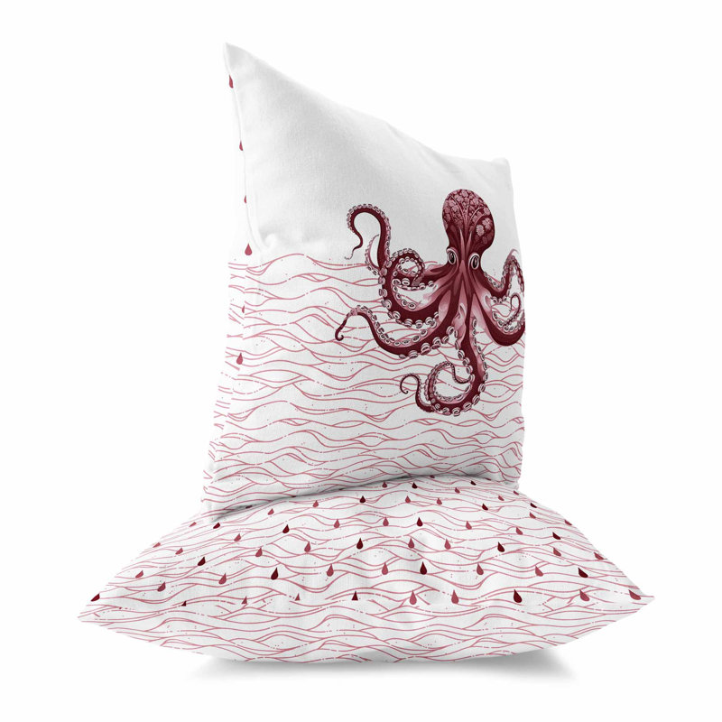 Coussin Oceanic Octo Art, Rose / vin, H 26 po x l 26 po