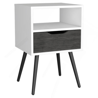 Nightstand 25"H, Top, Four Legs, One Open Shelf, One Drawer, Smokey Oak / White