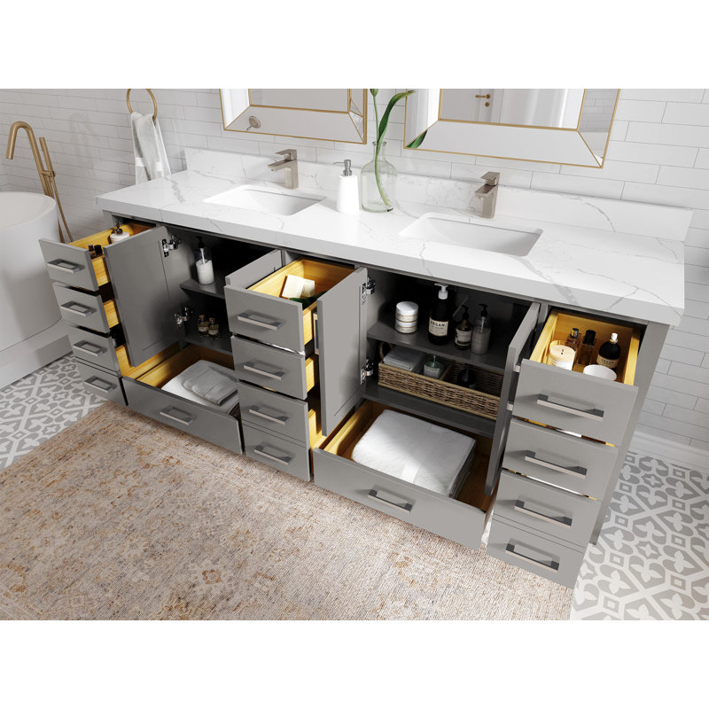 Malibu 84'' Elephant Skin Gray Double Sink Bathroom Vanity with Quartz Top