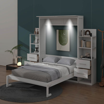 Grand lit escamotable avec tablettes, tiroirs et DEL