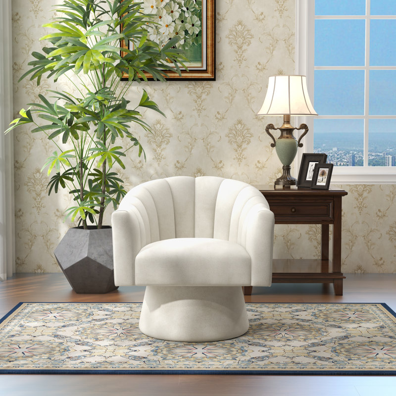 Fauteuil demi-tonneau pivotant de 25,2 po Iryanna, Velours beige, 1