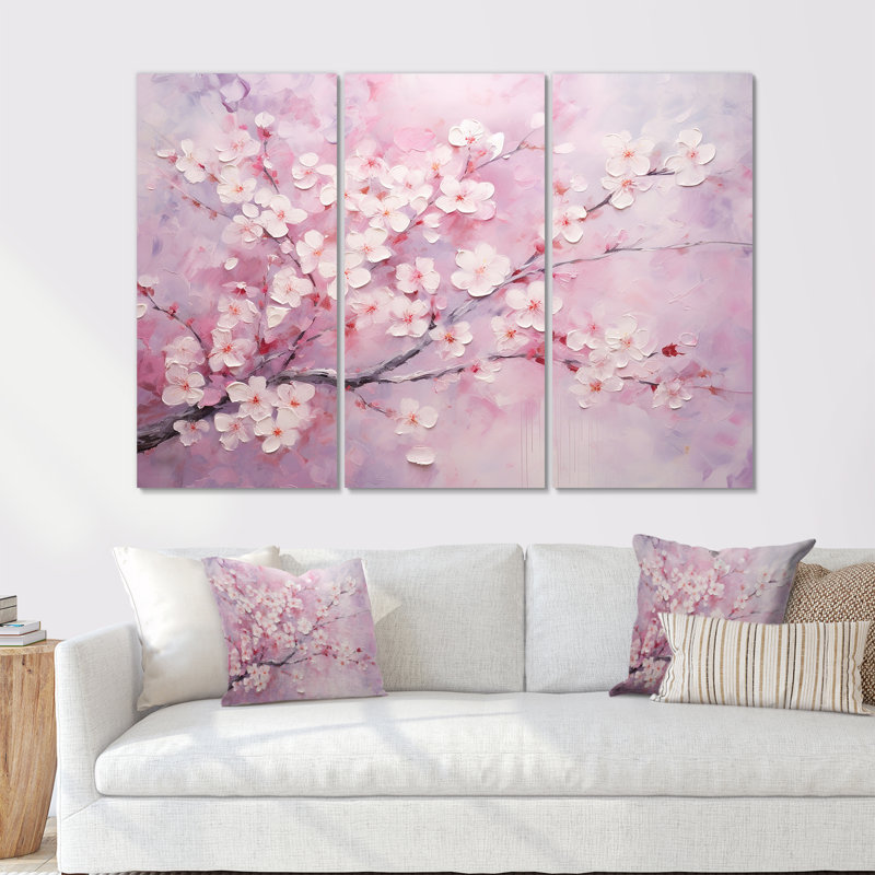 Minimalisme, cerisier rose - ensemble de reproductions d'art mural cerisier en fleurs, Toile tendue