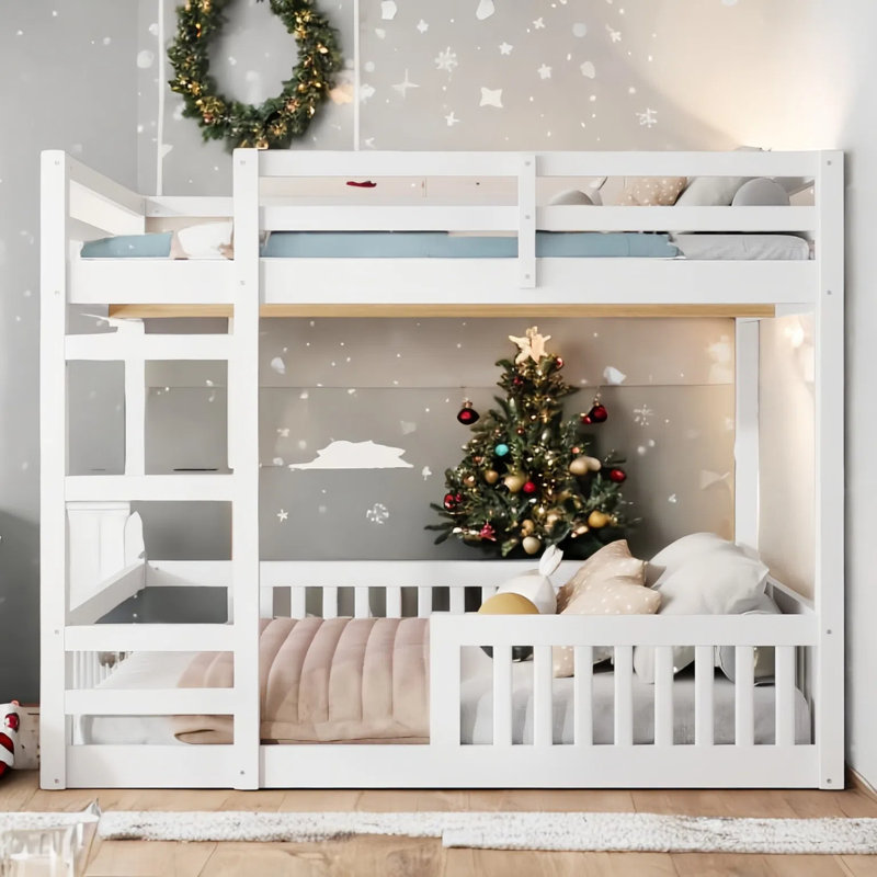 Simple Sturdy Bunk Bed with Ladder and Guardrails, White