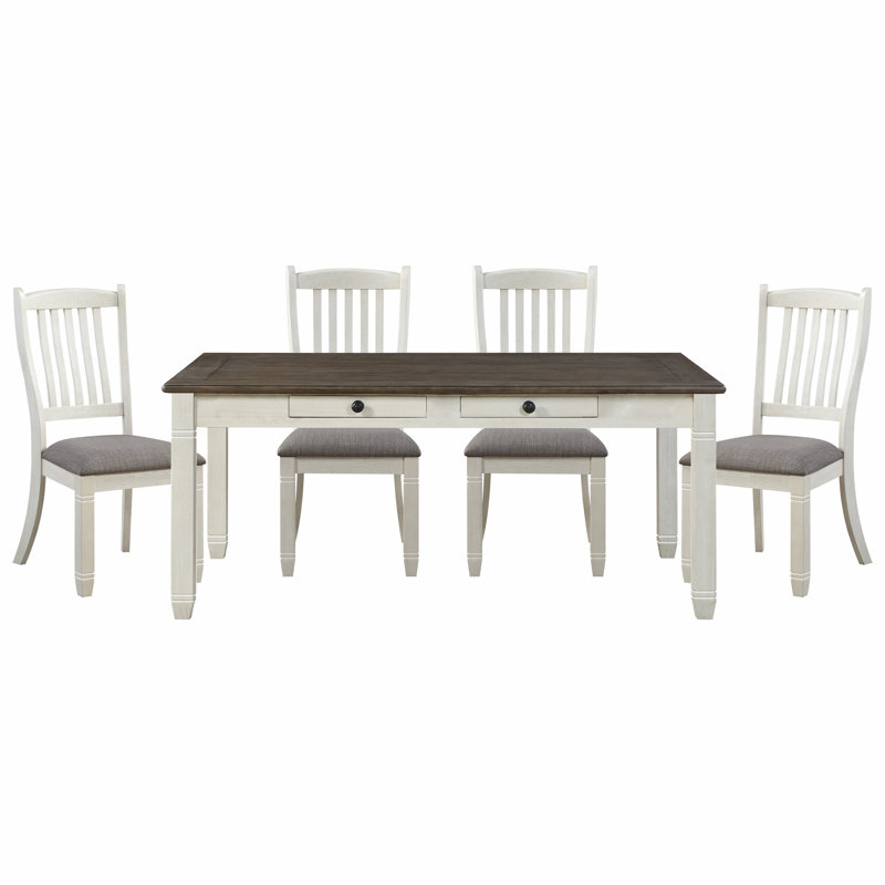 Ensemble de table de salle à manger 5 pièces à finition blanche antique avec 6 tiroirs et 4 chaises d'appoint rembourrées de style décontracté