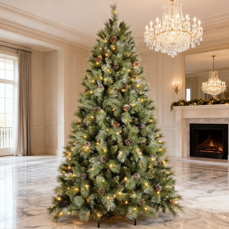 Arbre de Noël à DEL blanc chaud de 5 pi avec pommes de pin pré-éclairées, 694 pointes en PVC et aiguille dure, conception à charnières et support en métal robuste