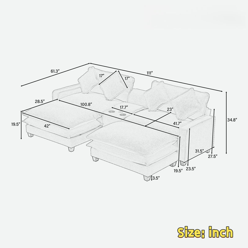 Sectional Sofa With 2 Removable Ottoman, 2 Usb Ports, 2 Cup Holders And Large Storage, Green Chenille