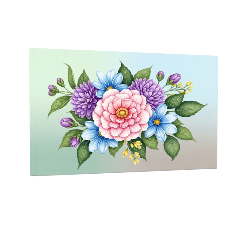 Bouquet de plantes et de fleurs avec fleurs roses, mauves et bleues, H 16 po x l 24 po, Toile tendue, Ne s’applique pas