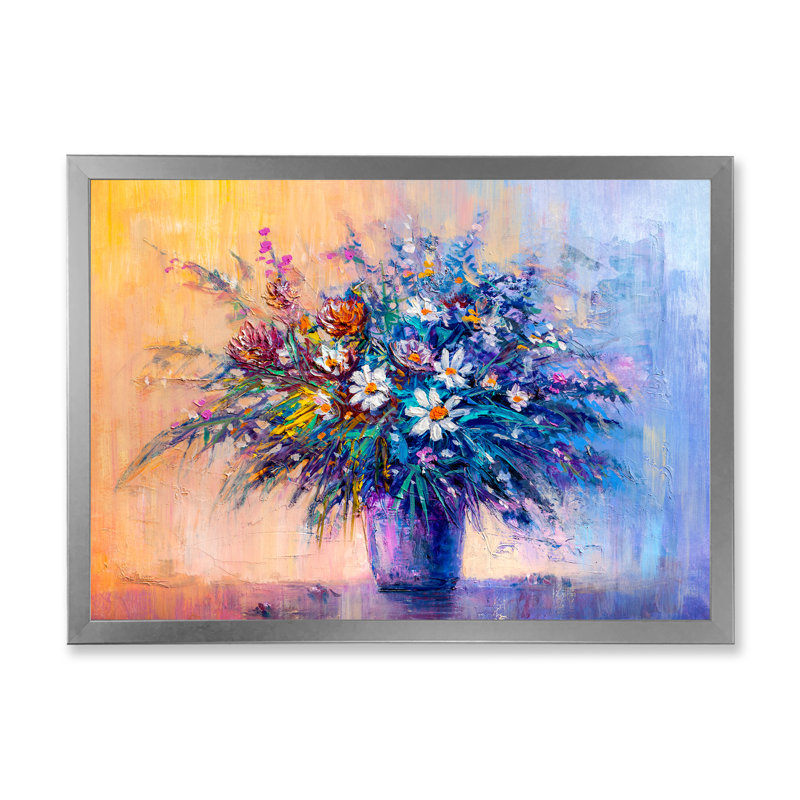 Fleurs abstraites bleues Marguerite II - reproduction sur cadre flottant sur toile, Cadre photo argenté
