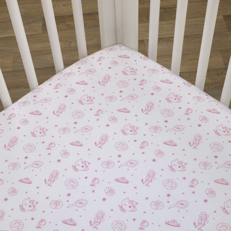 White and Pink Princess Print Toddler Crib Sheet