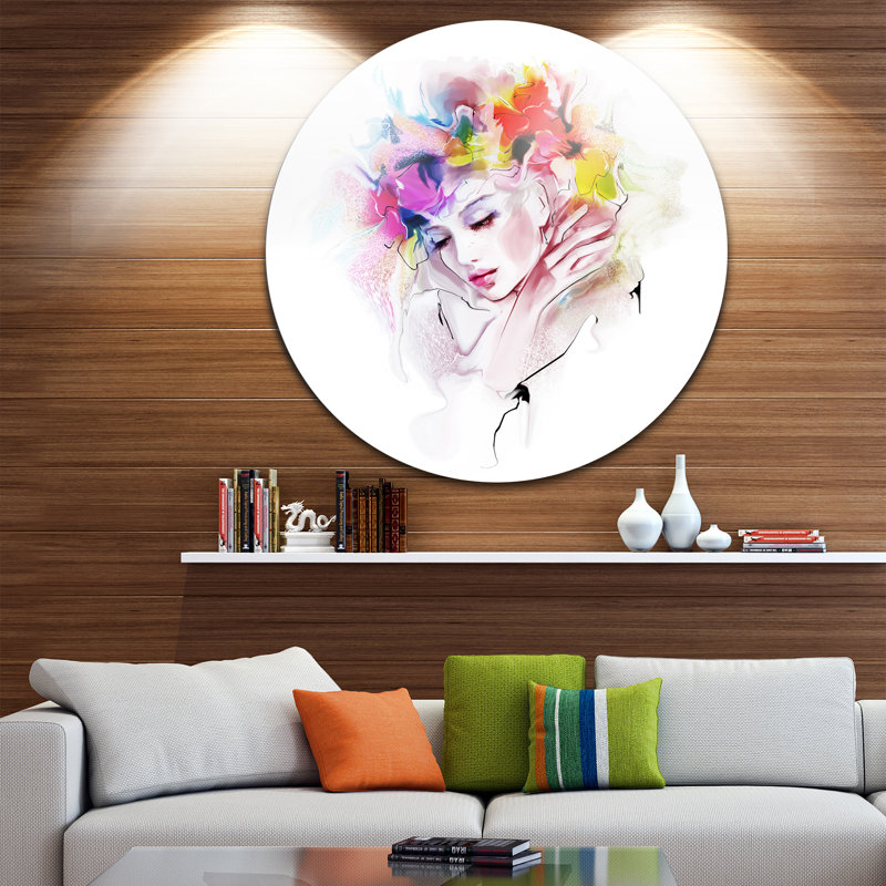 «Girl with Flowers Wreath», peinture, H 38 po x l 38 po x P 1 po, Métal