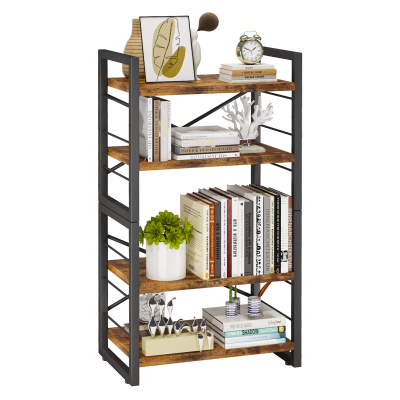 Homeiju Bookshelf, Dorm Desk Hutch, Desk Shelf Organizer, 4 Tier Stackable Bookcase, Adjustable Industrial Book Shelf Storage Organizer for Desktop, Living Room, Bedroom, Office,Rustic Black and Brown