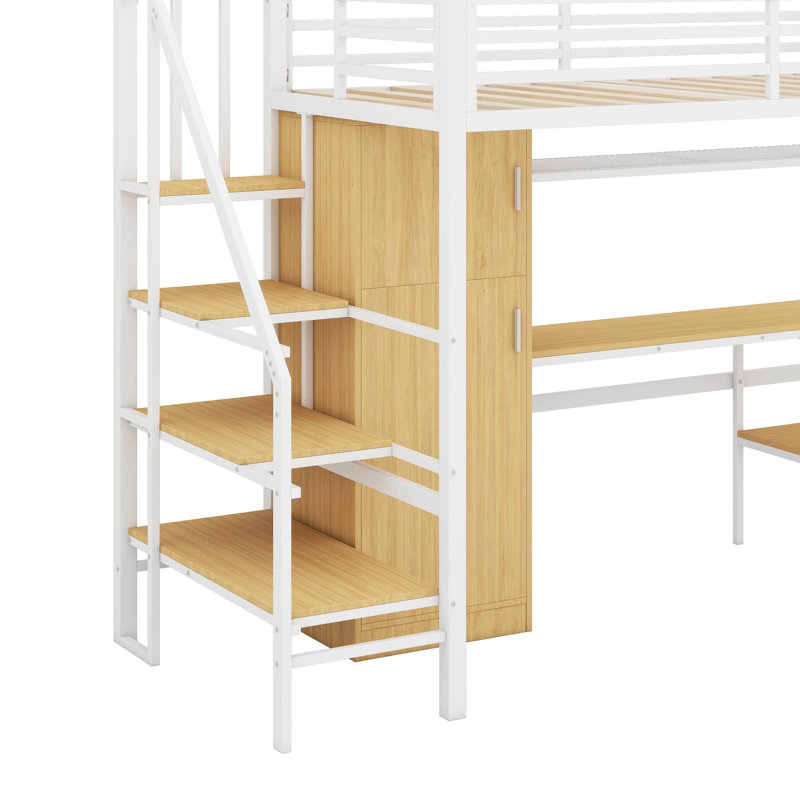 Lit mezzanine simple en métal avec bureau, tablette, armoire et escalier de rangement, Blanc