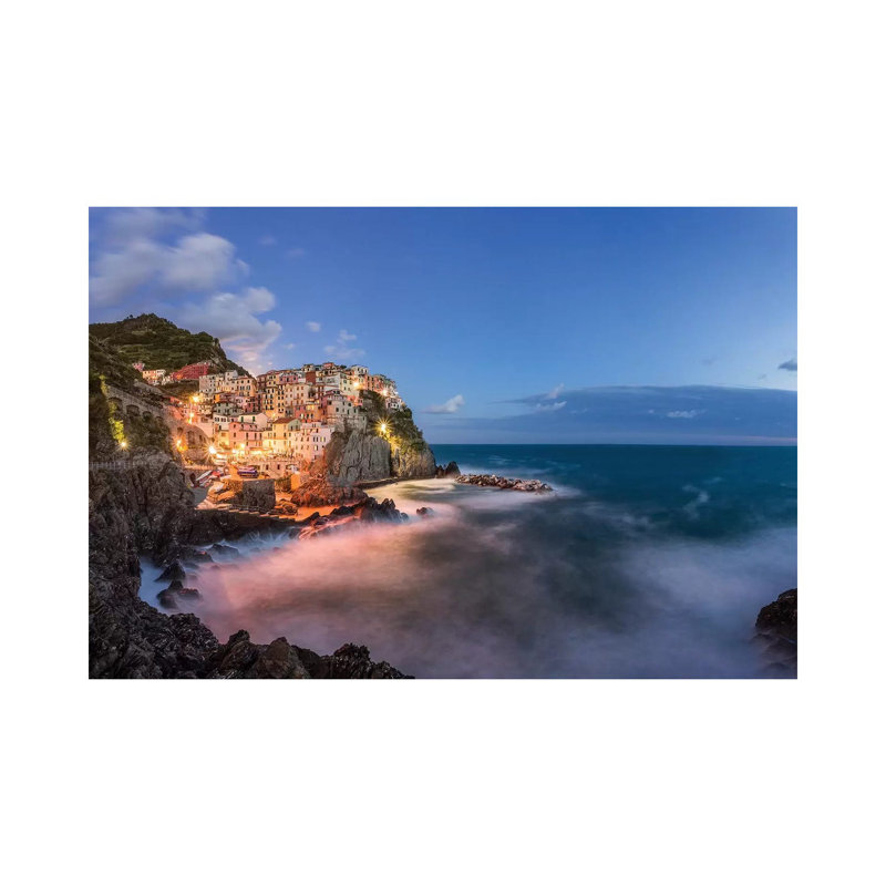 Italy, Cinque Terre, Manarola. Hilltop Town And Stormy Ocean At Sunset. by Jaynes Gallery - Wrapped Canvas Gallery-Wrapped Canvas Giclée